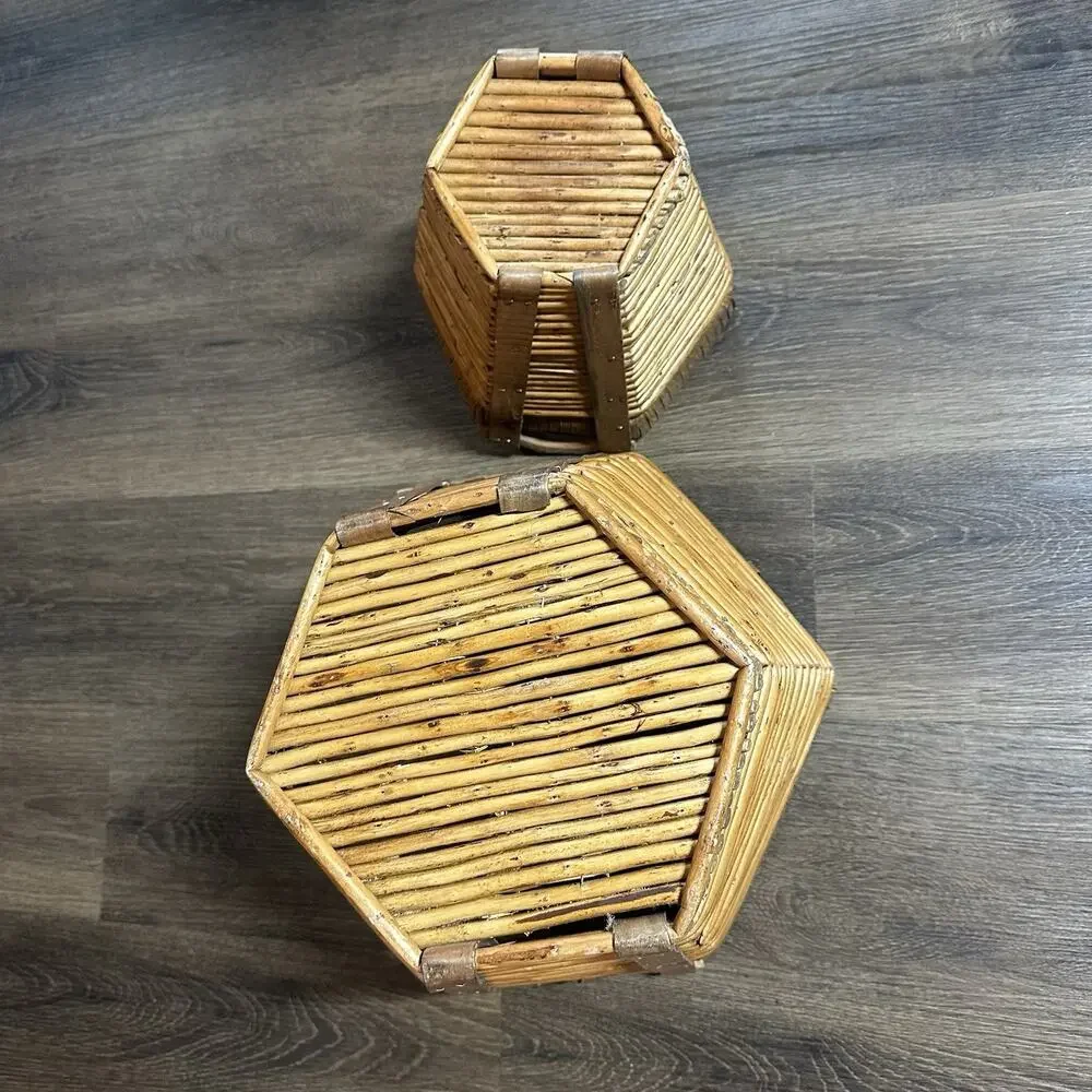 Vtg Bamboo and Jute Folk Art Log Gathering Basket Planters Wood Handles Set 2